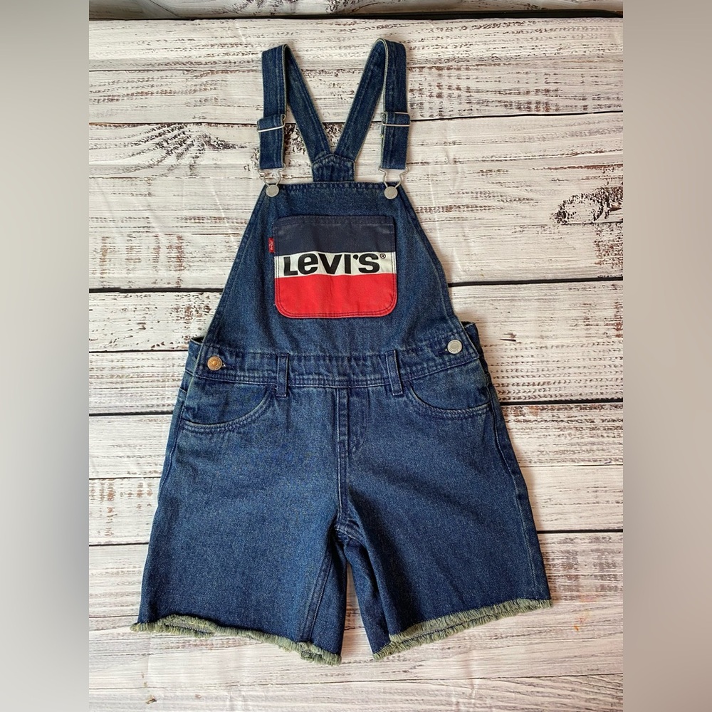 Levi's Shortalls Girls 10 Regular Large Logo Denim Dark Blue Overalls Shorts